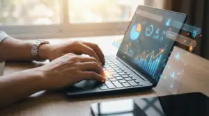 close-up of a Laptop Screen showing a website design or analytics graph. (Represents "Data").